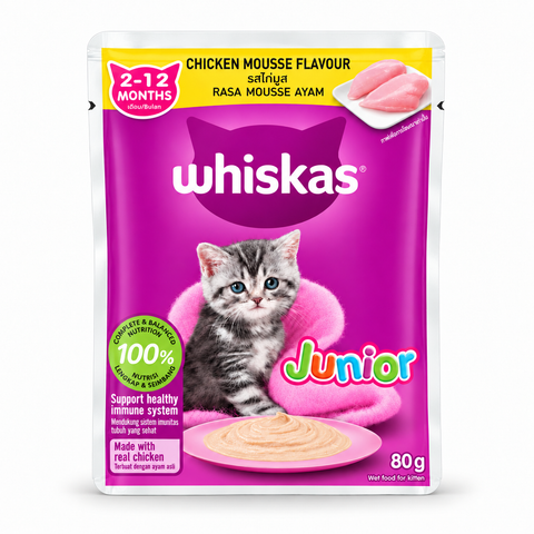 Whiskas Junior Chicken Mousse Flavour wet kitten food 80g pouch for kittens aged 2 to 12 months.