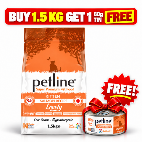 Petline Kitten Salmon Recipe Lovely Cat Food 1.5kg with free Petline 80g wet food tin