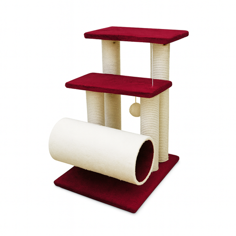 Cat tree with red platforms and beige cylindrical scratchers on a white background