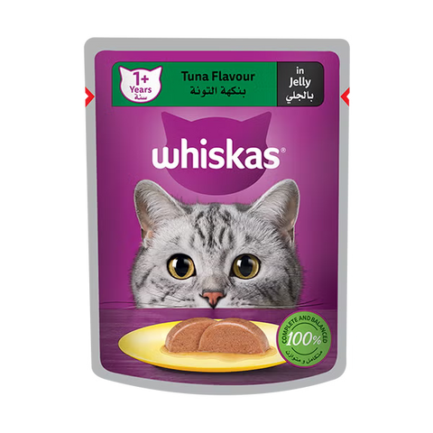 Whiskas tuna flavour in jelly cat food pouch on a white background