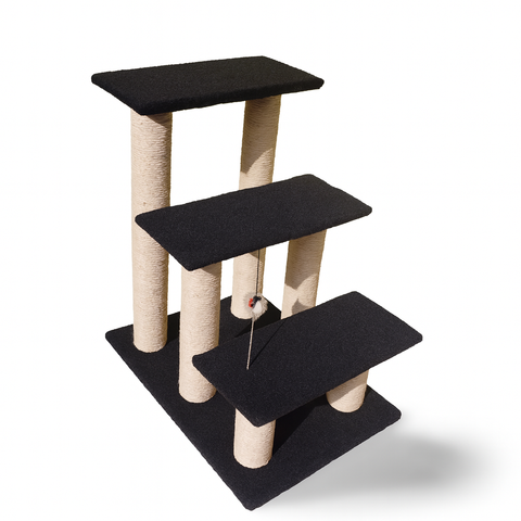 Cat tree with black platforms and beige scratching posts on a white background