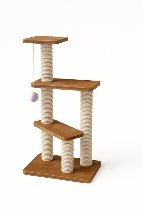 Cat tree with multiple levels and hanging balls on a white background