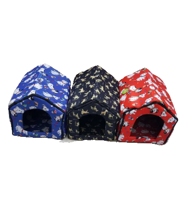 Three colorful pet houses with different patterns on a white background