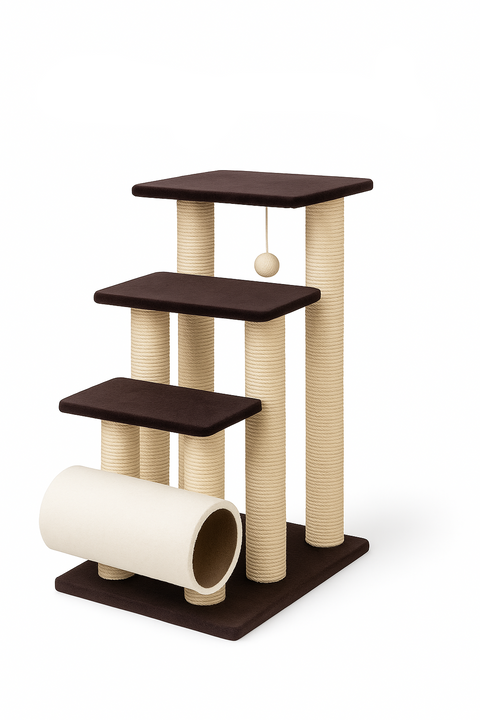 Cat tree with multiple levels and a ball on a white background