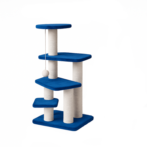 Tiered cat tree with blue platforms and white posts, labeled with dimensions on a white background.