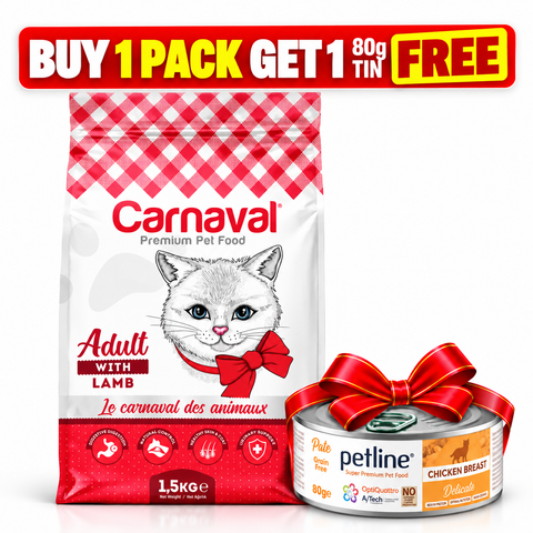 Buy 1.5kg Carnaval Adult Cat Food with Lamb & Get 1 Petline Adult Cat Wet Food Chicken Tin 80g Free