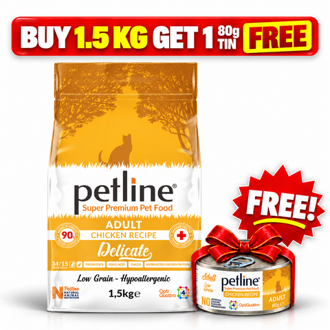 Petline Adult Chicken Recipe Delicate 1.5KG cat food with free 80g Petline tin offer