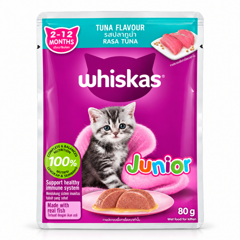 Whiskas Junior Tuna Flavour wet kitten food 80g pouch for kittens aged 2–12 months.