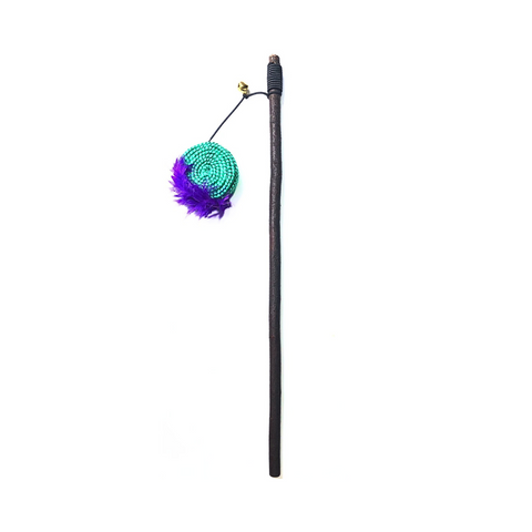 Cat toy with a green ball and purple feathers attached to a black rod on a white background