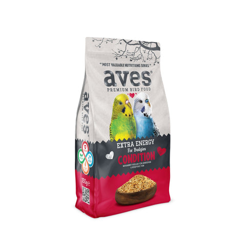 Aves premium bird food bag with colorful parrot illustration on a white background