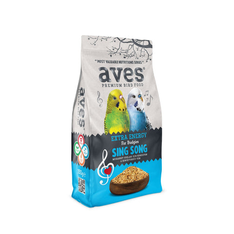 Bag of aves premium bird food for parakeets on a white background