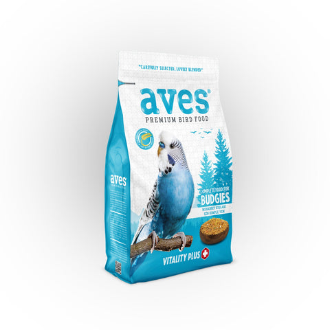 Aves premium bird food package for budgies on a white background