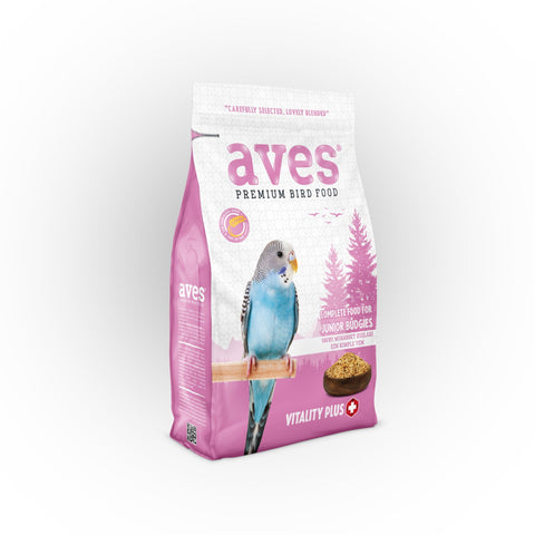 Aves premium bird food package with a blue and gray bird illustration on a white background