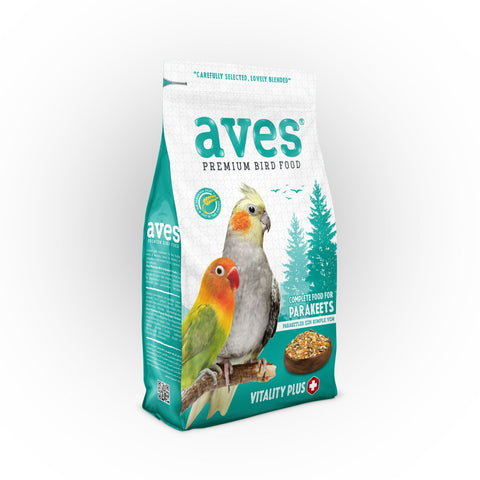 Aves premium bird food package with parakeets on a white background
