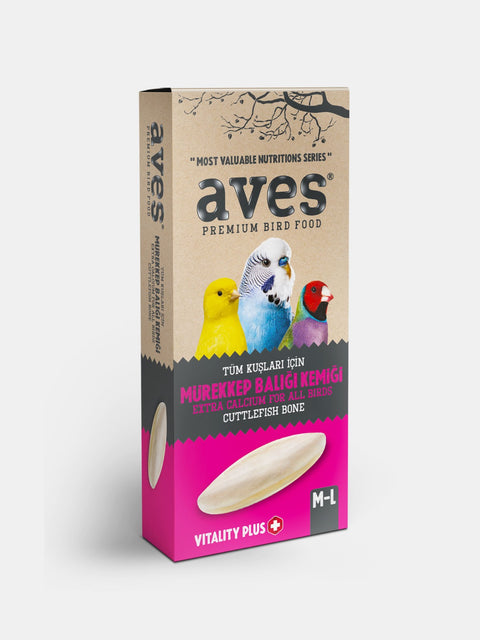 Aves premium bird food packaging with colorful birds on a beige background