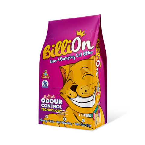 Purple package of BilliOn cat litter with a cartoon cat on a white background