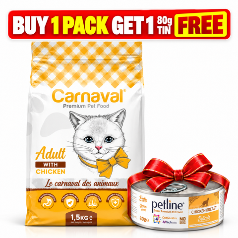 Buy 1.5 Carnaval Adult Cat Food with Chicken & Get 1 Petline Adult Cat Wet Food Chicken Tin 80g Free