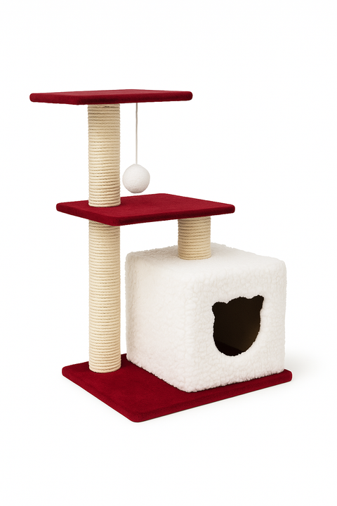 Cat tree with red platforms, white cube, and beige scratching post on a white background