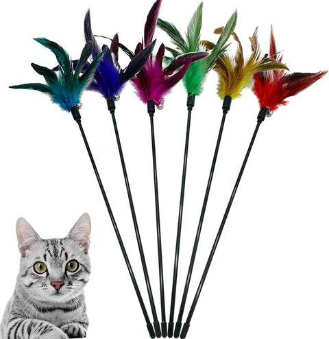 Set of colorful feather cat toys with a cat on a white background