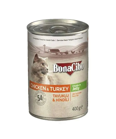 Can of BonaCibo cat food with chicken and turkey on a white background