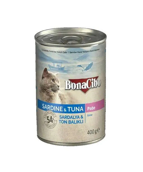 Can of BonaCibo cat food with sardine and tuna flavor on a white background