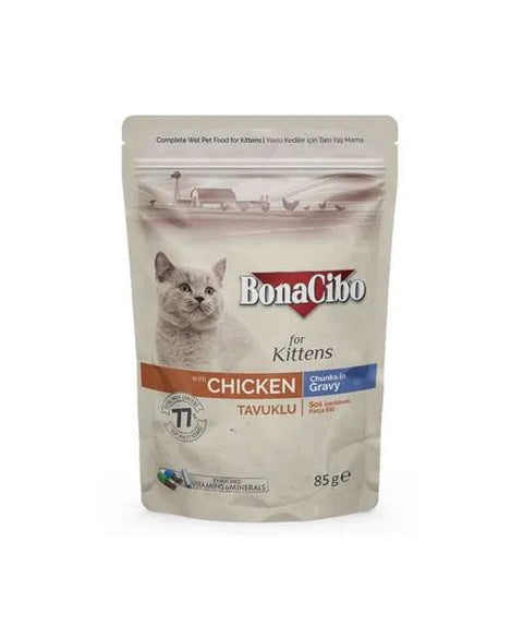 BonaCibo cat food package for kittens with chicken flavor on a white background