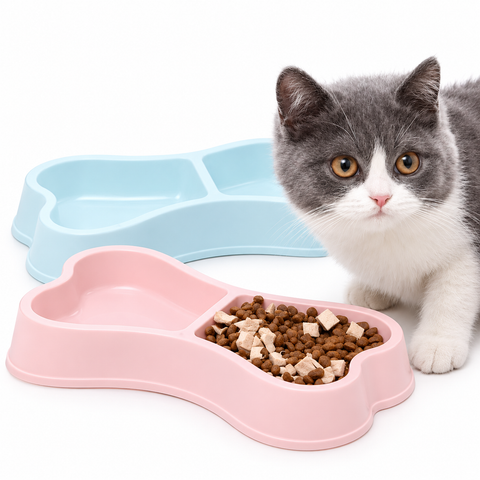 Pink and Blue Double Cat Food Bowl – Bone-Shaped Dual Compartment Pet Feeding Dish for Cats and Small Dogs with Cute Kitten
