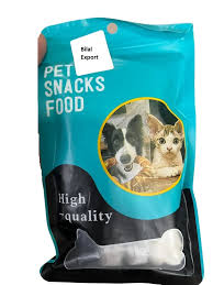Pet snacks food packaging with images of dogs and cats on a blue background