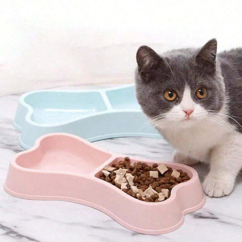Cat sitting next to a pink pet bowl filled with food on a marble surface.