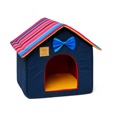 Colorful pet house with a striped roof and blue bow on a white background