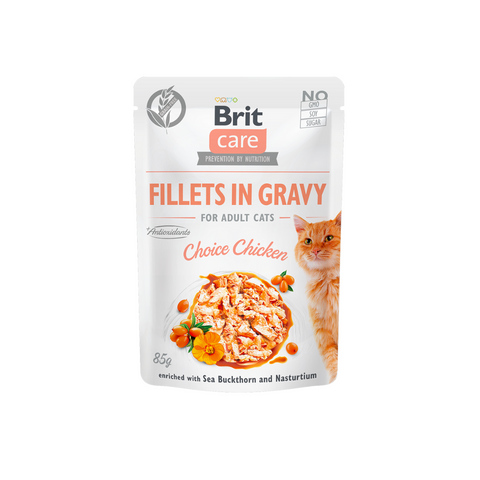 Packaged cat food with 'Brit Care' branding on a white background