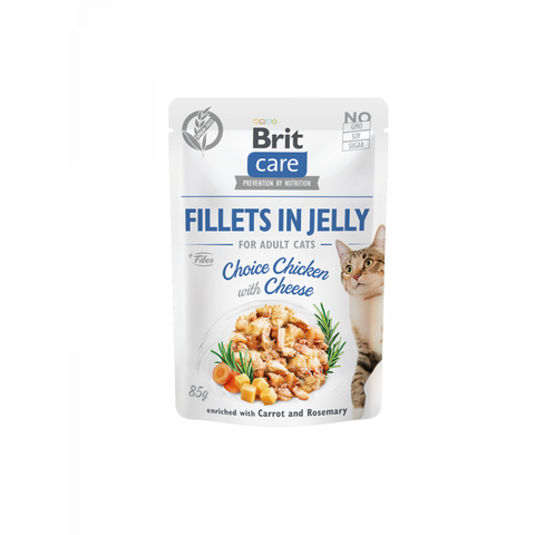 Pack of Brit Care cat food with chicken and cheese flavor on a white background