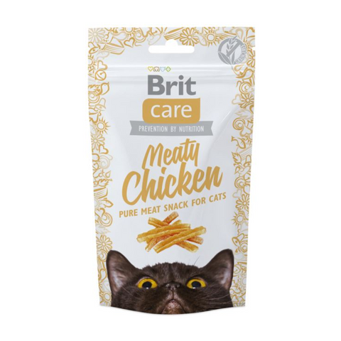 Packaging of Brit care Meaty Chicken pure meat snack for cats on a white background