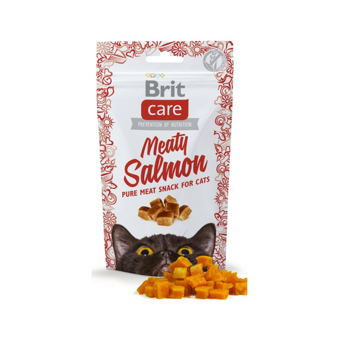Packaging of Brit Care Meaty Salmon cat snack with a cat on a white background
