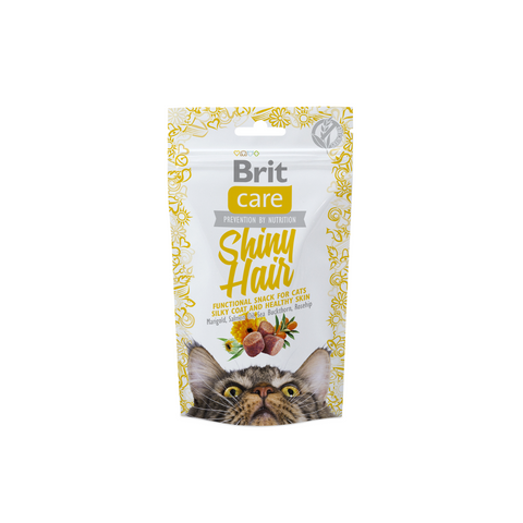 Brit Care Shiny Hair cat supplement package on a white background