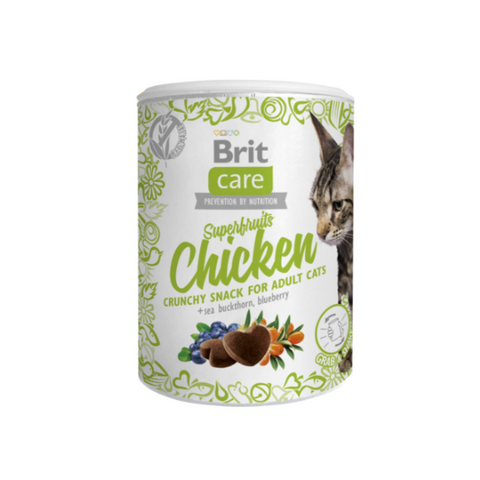 Brit Care Superfruits Chicken crunchy snack for adult cats on a white background