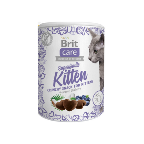 Brit Care Superfruits Kitten crunchy snack packaging on a white background