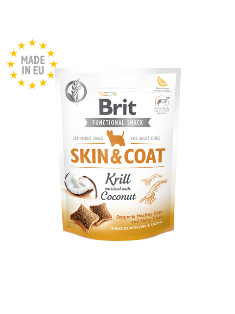Brit Skin & Coat Krill enriched with Coconut snack package on a white background