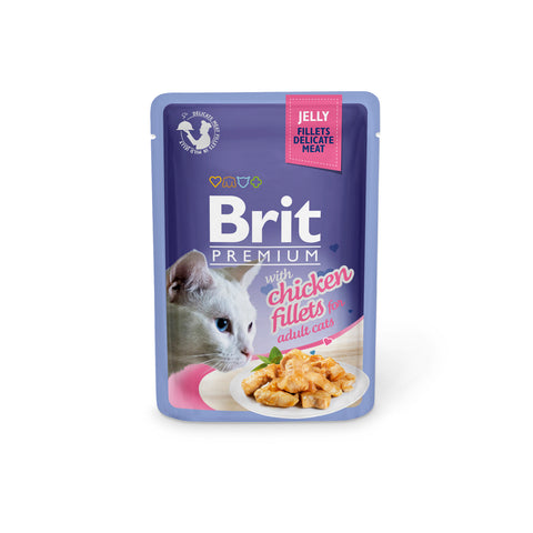 Brit Premium cat food pouch with chicken fillets on a white background
