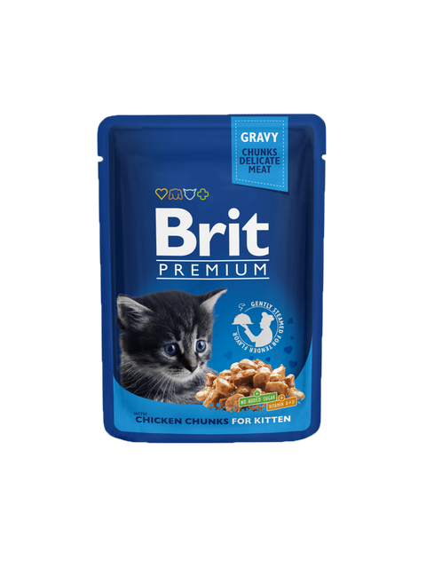 Brit Premium cat food pouch with a kitten on the label