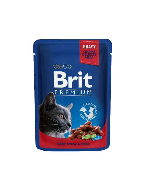 Brit Premium cat food pouch with blue and red design on a white background