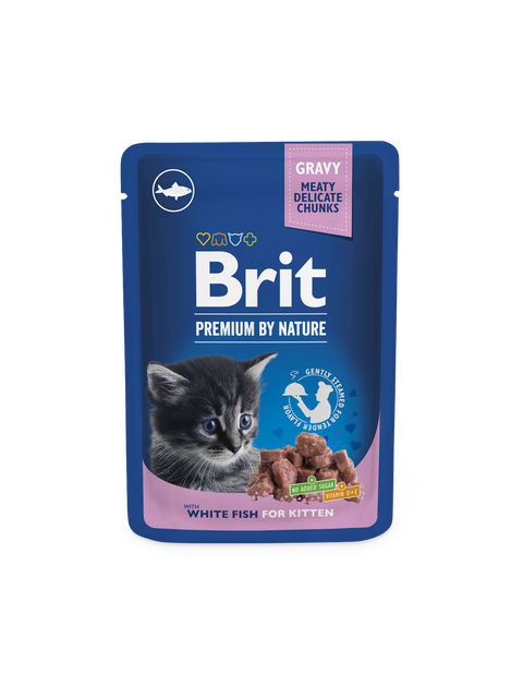Brit Premium by Nature cat food pouch with a kitten on a white background
