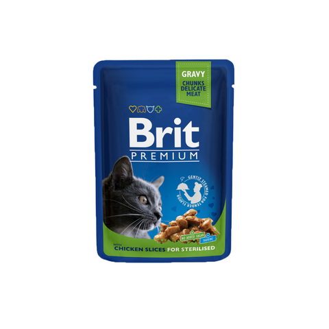 Brit Premium cat food pouch with a blue and green design on a white background