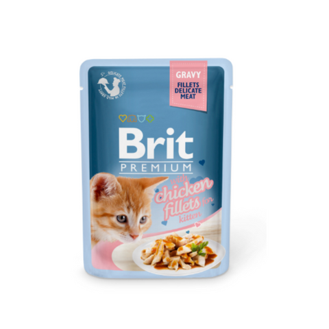 Brit Premium cat food pouch with chicken fillets on a white background