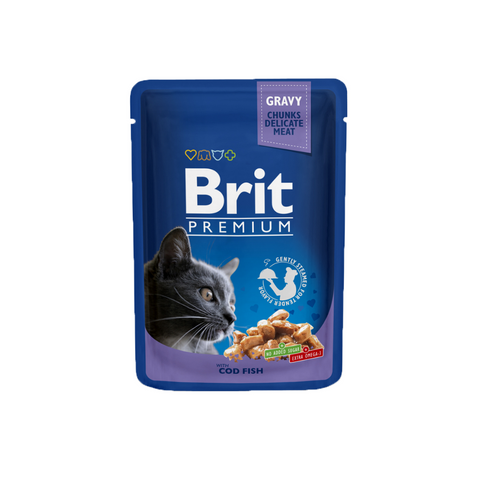 Brit Premium cat food pouch with a blue background