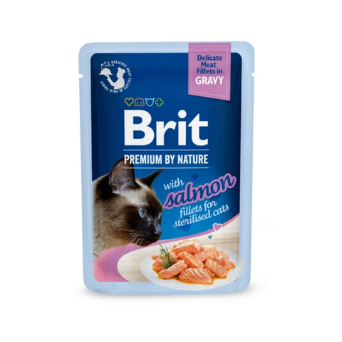 Brit Premium by Nature cat food pouch with salmon for sterilized cats on a white background