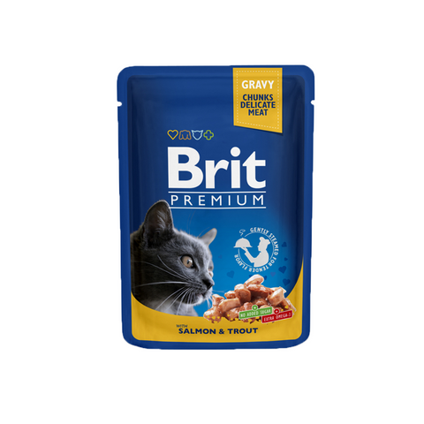 Brit Premium cat food pouch with salmon and trout flavor on a white background