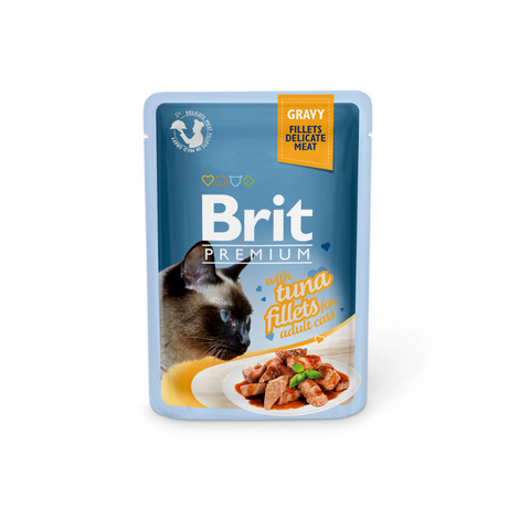 Packaged cat food with Brit Premium branding on a white background