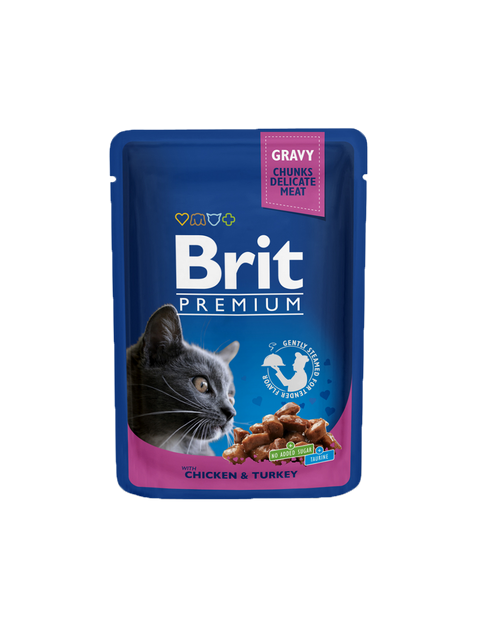 Brit Premium cat food pouch with chicken and turkey on a white background
