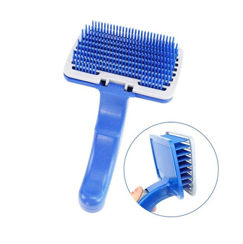 Blue pet grooming brush with close-up inset on a white background